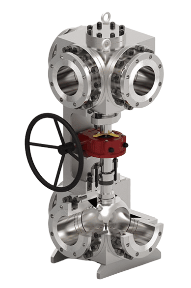 Mechanisch gekoppelde dubbele kogelafsluiter via tandwielkast